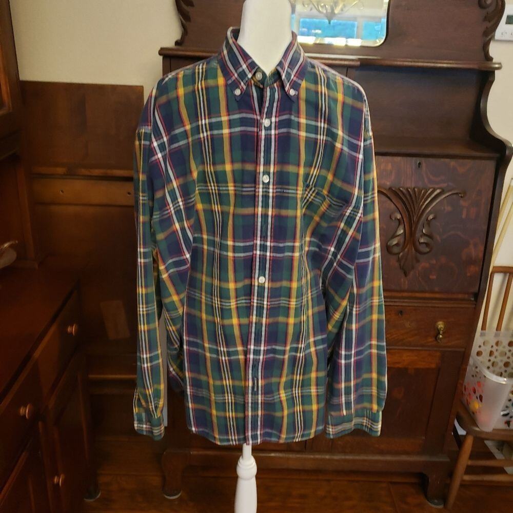 DOCKERS RED yellow and white plaid shirt XL 100% rayon easy care comfy casual